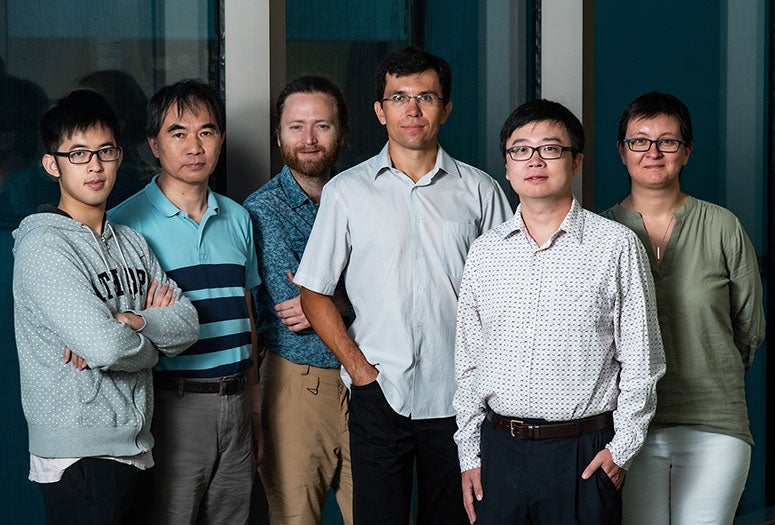 Rice University physicists (from left) Tong Chen, Pengcheng Dai, David Tam, Andriy Nevidomskyy, Bin Gao and Emilia Morosan