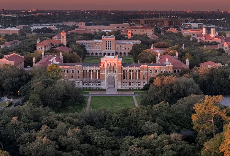 Aerial view of Lovett Hall and the Rice University campus