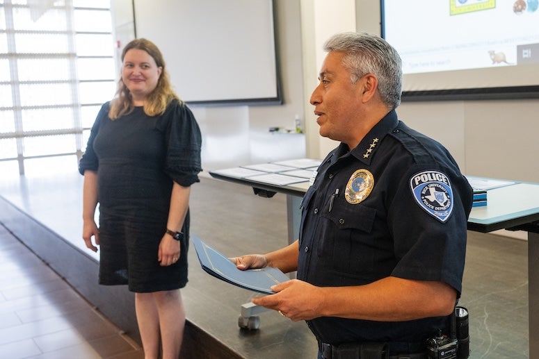 RUPD Chief Clemente Rodriguez speaks during a recognition event for the first responders who saved a Rice student's life on May 29, 2024.