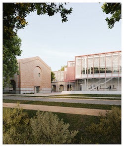 A rendering shows the north façade of Rice Architecture’s William T. Cannady Hall, which incorporates a two-story, glassed-in gallery that faces the main Loop Road at Rice University. (Credit: Karamuk Kuo/Rice Architecture)