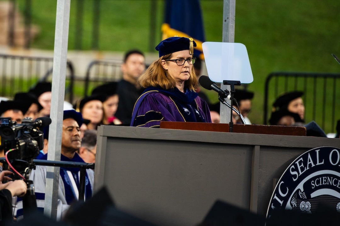 Dean of Undergraduates Bridget Gorman speaks during the 111th commencement ceremony.