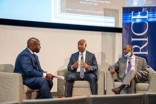 Sherman Desselle, Reginald DesRoches and Sylvester Turner speak during a TEDx Talk session at Rice University March 8.