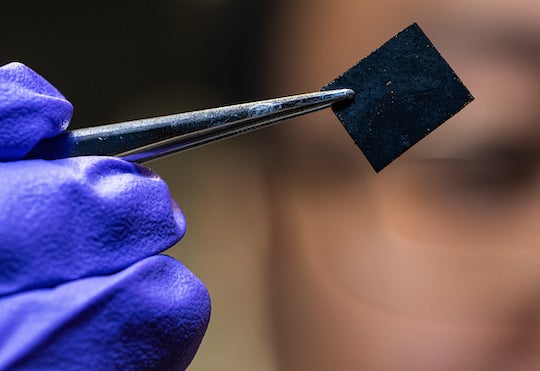 Ruthenium doped with nickel proved to be a robust catalyst to split water into hydrogen and oxygen. The anode developed at Rice University is intended to replace expensive iridium in industrial catalysts. (Credit: Jeff Fitlow/Rice University)