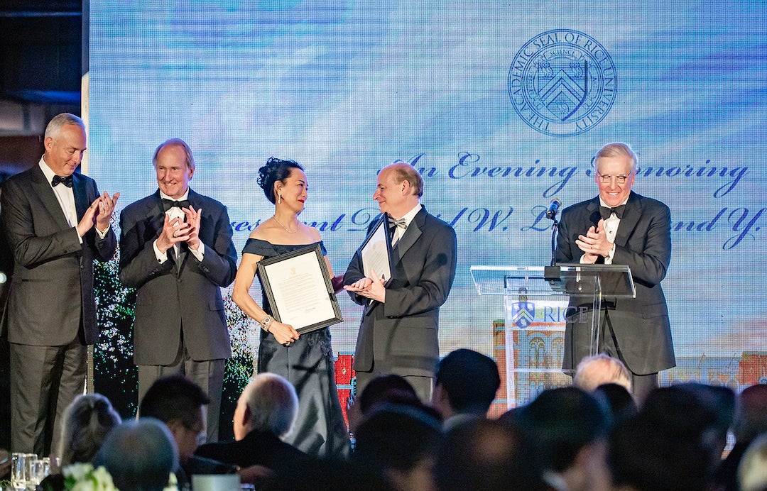 Y. Ping Sun and David Leebron with former board chairs Bobby Tudor and Jim Crownover and current Rice board chair Rob Ladd.