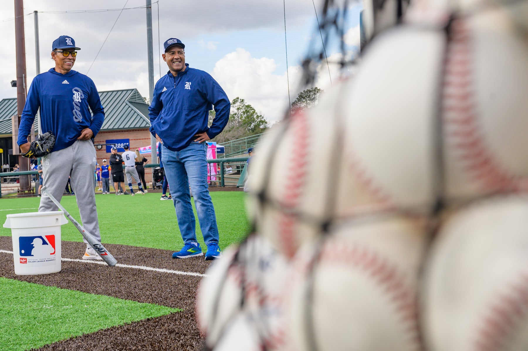 Rice University president Reginald DesRoches (right) attends Rice baseball's annual Fan Fest on Feb. 5, 2023.