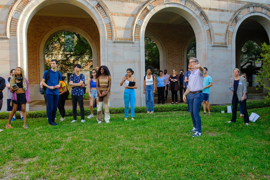 Thomas Woltz, owner and principal landscape architect of Nelson Byrd Woltz (NBW), which is partnering with Rice on the redesign, speaks to an audience of students about the plans March 9.