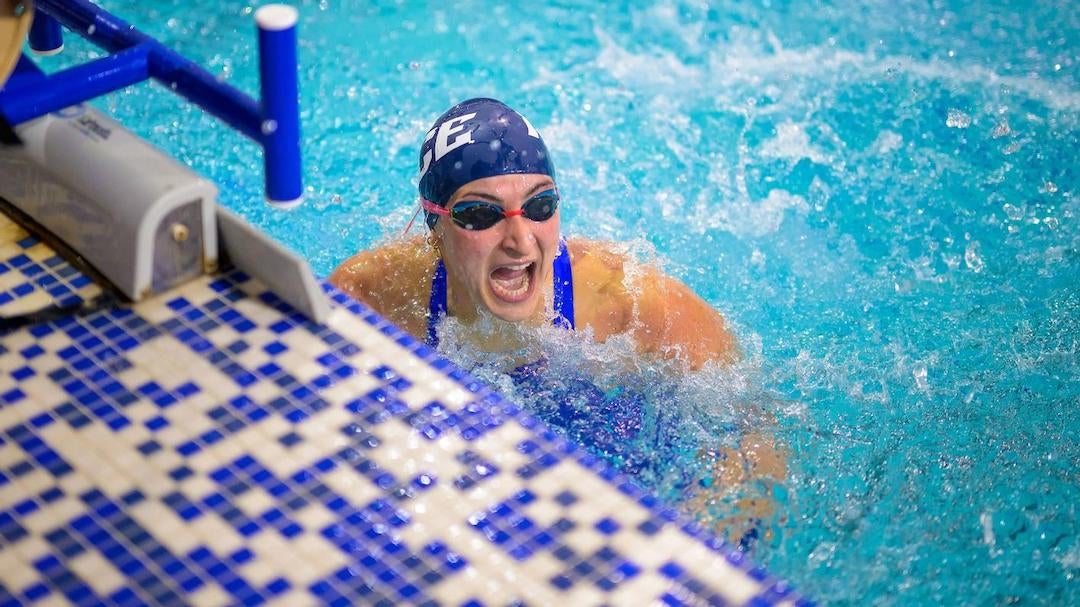 Arielle Hayon reacts after completing her her second career sweep of the butterfly with a school-record effort during the American Athletic Conference Championships this past weekend.