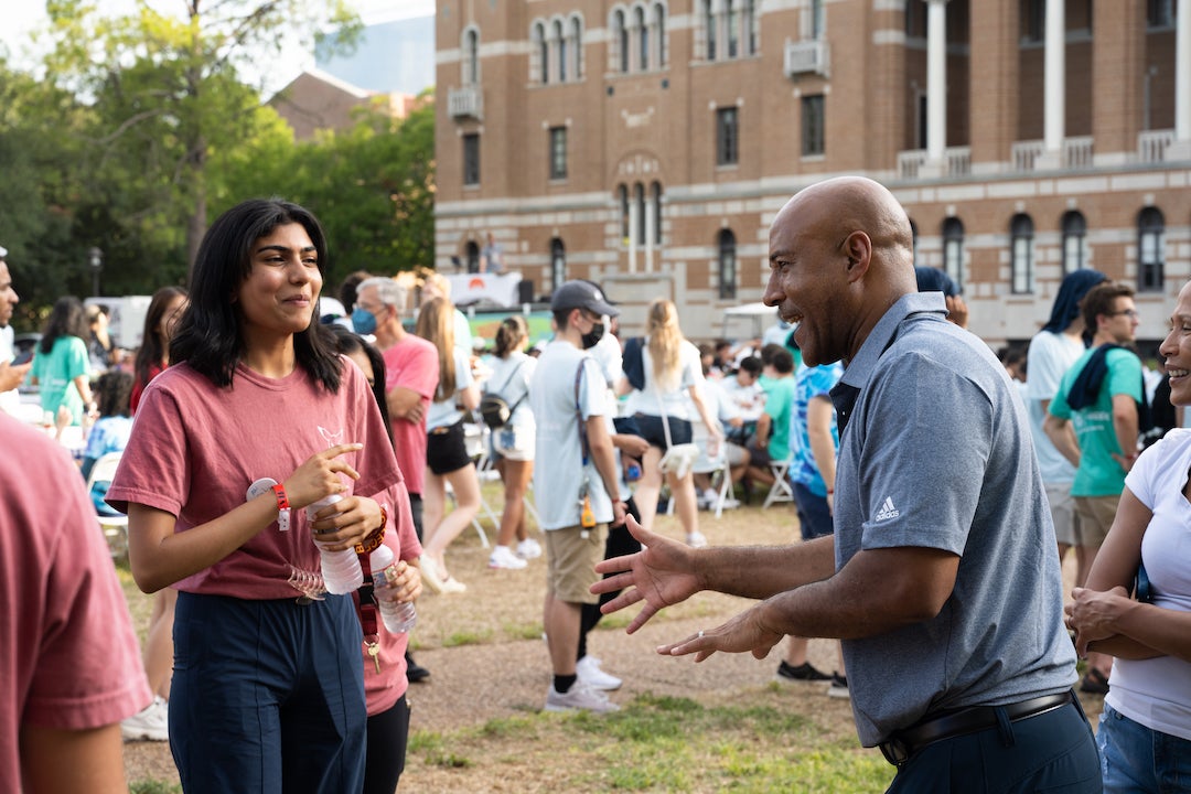 President DesRoches in conversation with new students